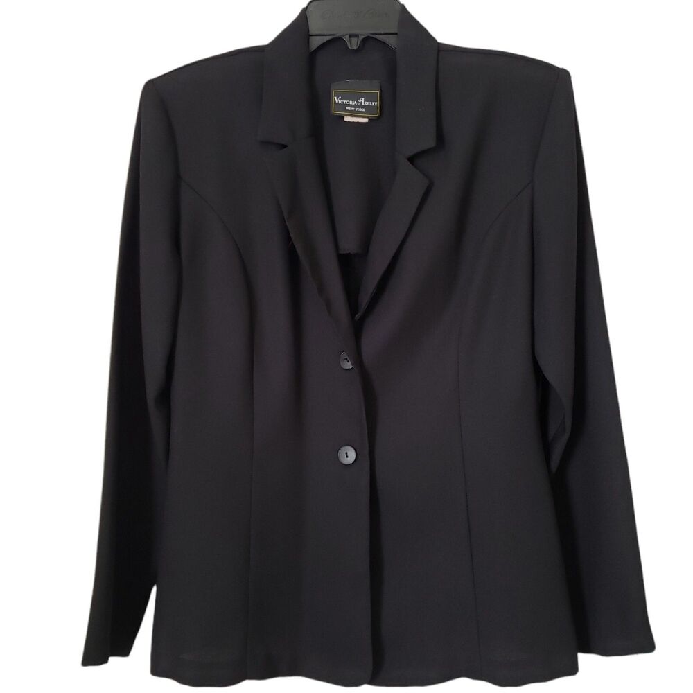Victoria Ashley 2 Button Black Blazer Size 11/12 Shoulder Pads 100% Polyester